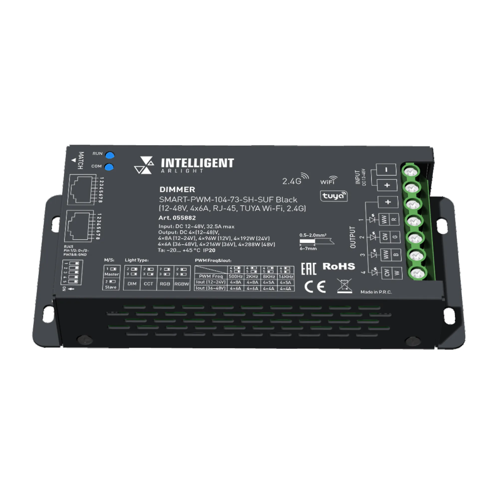 INTELLIGENT ARLIGHT Диммер SMART-PWM-104-73-SH-SUF Black (12-48V, 4x6A, RJ-45, TUYA Wi-Fi, 2.4G) (IARL, IP20 Металл, 5 лет) - изображение товара